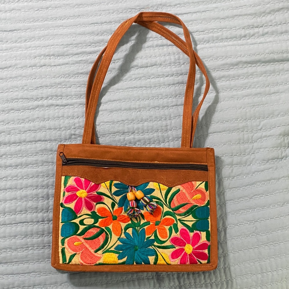 Floral Embroidered Brown Tote Bag